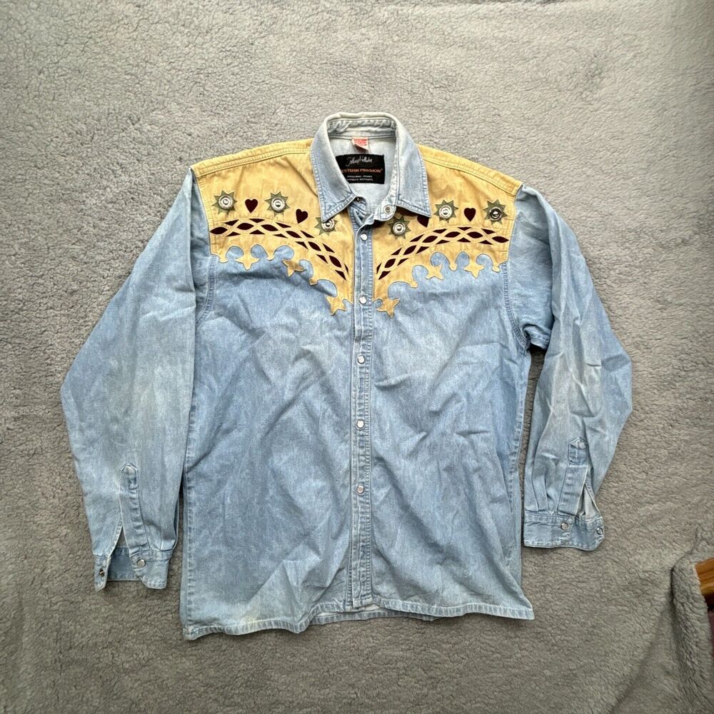 Johnny‎ Hallyday Western Passion Mens Shirt Denim Southwestern Pearl Snap Badges